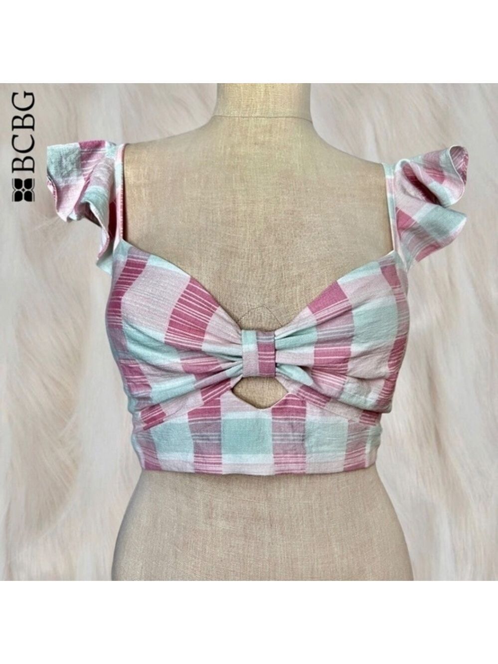 BCBGENERATION Madras Plaid Sweetheart Neck, Open Back/Bow-Tie Crop Top NWT/LG